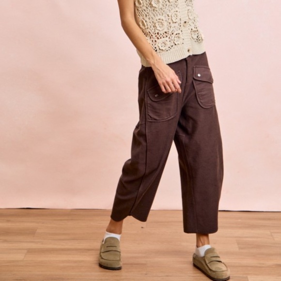 Bibi Brown Washed Terry Pockets Cropped Barrel Style Pants - Picture 3 of 6